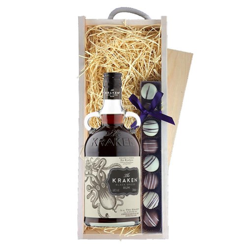 Kraken Black Spiced Rum 70cl & Heart Truffles, Wooden Box